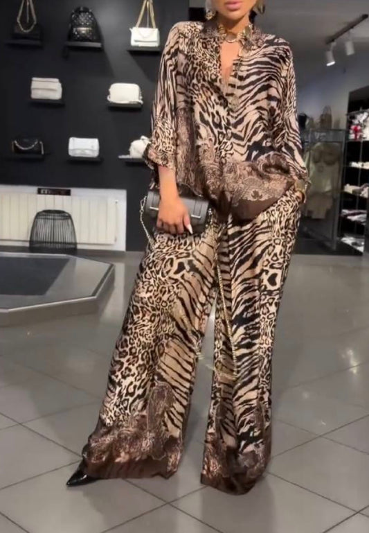 ✨ Completo Donna Animalier Elegante – Camicia Fluida & Pantalone Palazzo 🇮🇹
