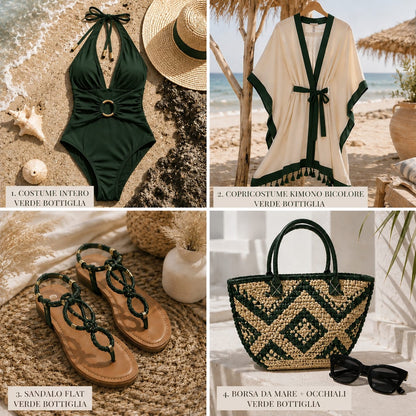 Set Mare Olbia 5 Pezzi Completo: Costume, Copricostume, Sandali Gioiello, Borsa e Occhiali da Sole
